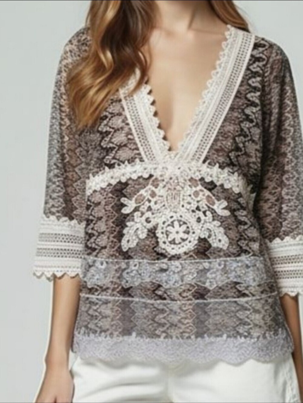 Passion Concept Brown and Cream Lace Tunic Blouse with V-Neck and 3/4 Sleeves - Picture 14 of 14